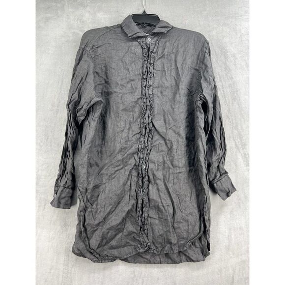 Cp Shades Solid Ruffled Linen Blouse Oversized Button Front Vintage Grey - Picture 2 of 7